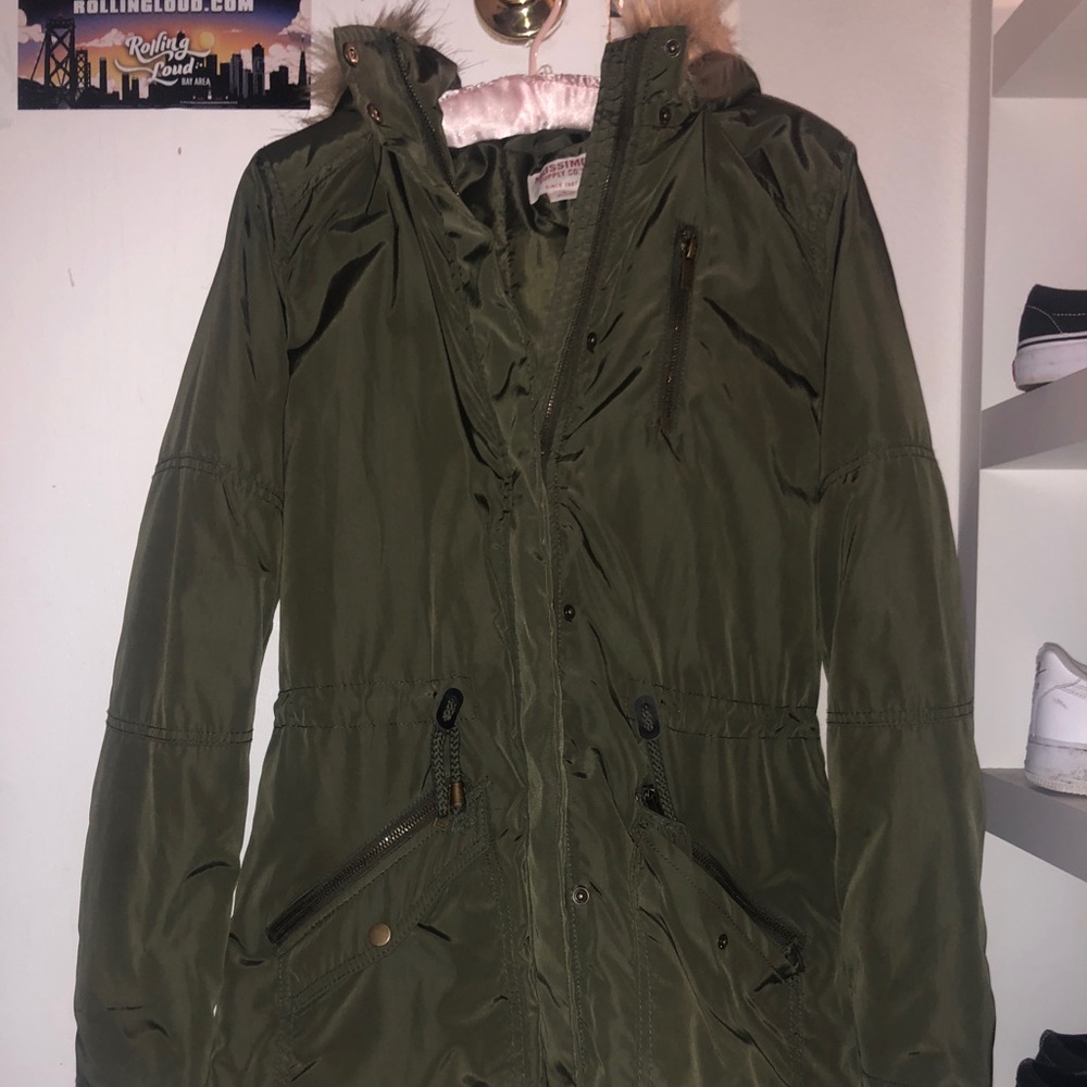 Army Green Thick Fur Hood Coat